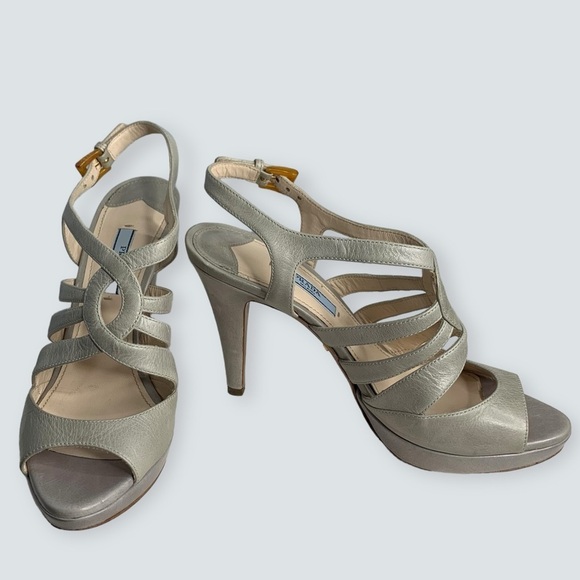 PRADA Heels Size 38 Calzatore Donna Grey Leather Slingback Sandals - Picture 7 of 16